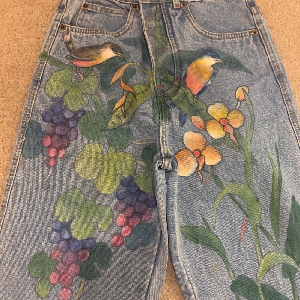 Paul Ropp hand paint /art  bird garden Vintage  90’s painted jeans Rare - Picture 3 of 6